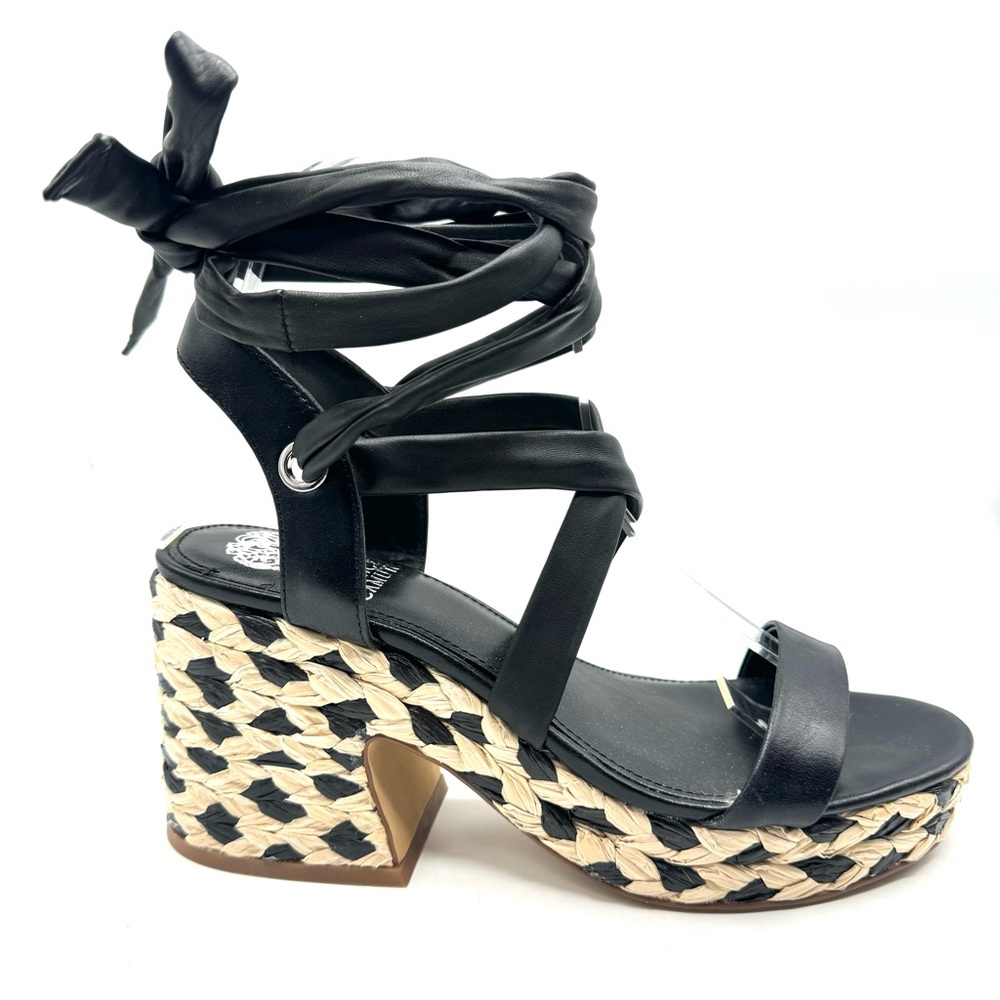 Vince Camuto Black Leather Braided Espadrille Block Heels